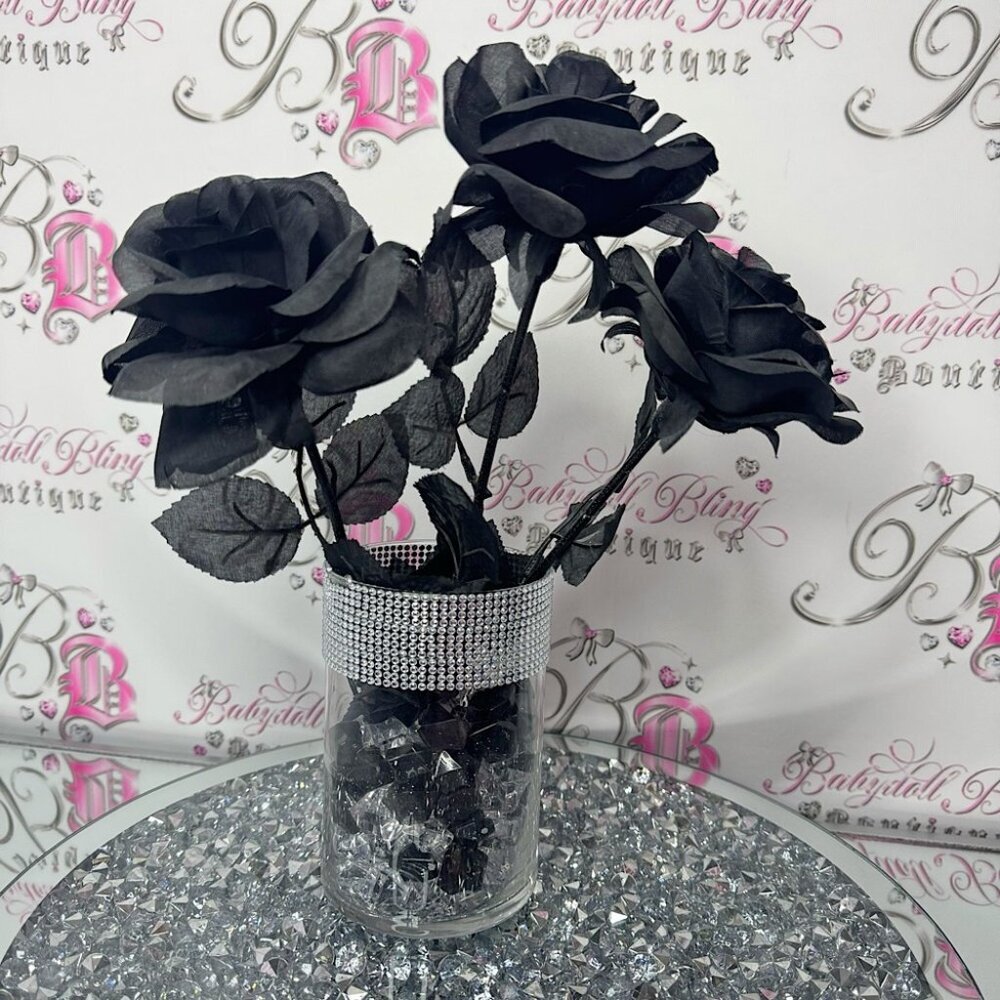 Roses vase sparkly diamond bling black roses black clear pebbles gothic bouquet